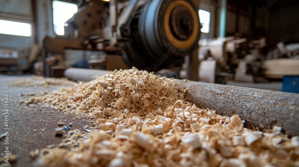 Close-up of a wood log prepared on a lathe for processing, with wood shavings scattered around in a workshop Close-up of a wood log prepared on a lathe for processing, with wood shavings scattered around in a workshop
