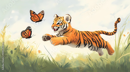 A playful tiger cub leaps in a meadow, chasing two butterflies. Jungle Tiger Chase. Illustration photo