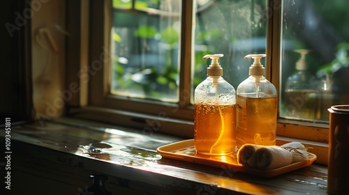 There is a light wash dispensers and soapy stick by the window on a tray photo