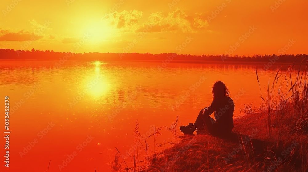 Serene Sunset by the Lake - Solitude, reflection, peace, nature, tranquility. A woman sits lakeside as the sun sets, creating a breathtaking scene. Serene Sunset by the Lake - Solitude, reflection, peace, nature, tranquility. A woman sits lakeside as the sun sets, creating a breathtaking scene.