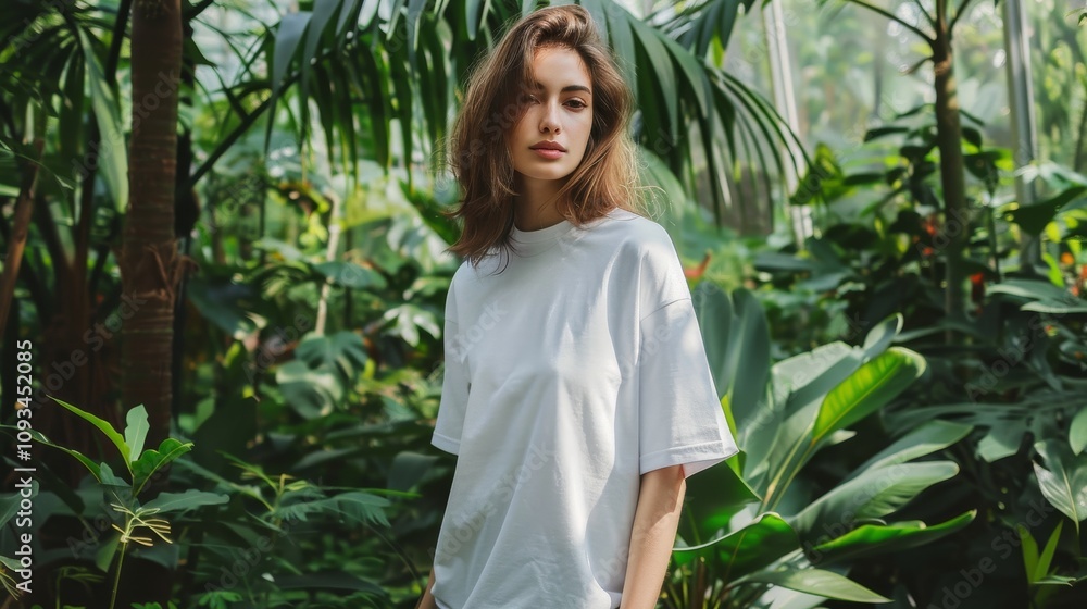 A Young Woman Dressed in a White TShirt Surrounded by Beautiful and Lush Tropical Foliage and Plants A Young Woman Dressed in a White TShirt Surrounded by Beautiful and Lush Tropical Foliage and Plants