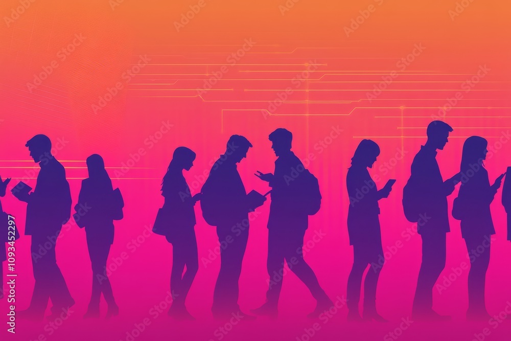 Silhouetted Business People Connecting in a Digital Age - Business, technology, networking, communication, future. Silhouettes of diverse people using devices against a vibrant gradient. Silhouetted Business People Connecting in a Digital Age - Business, technology, networking, communication, future. Silhouettes of diverse people using devices against a vibrant gradient.