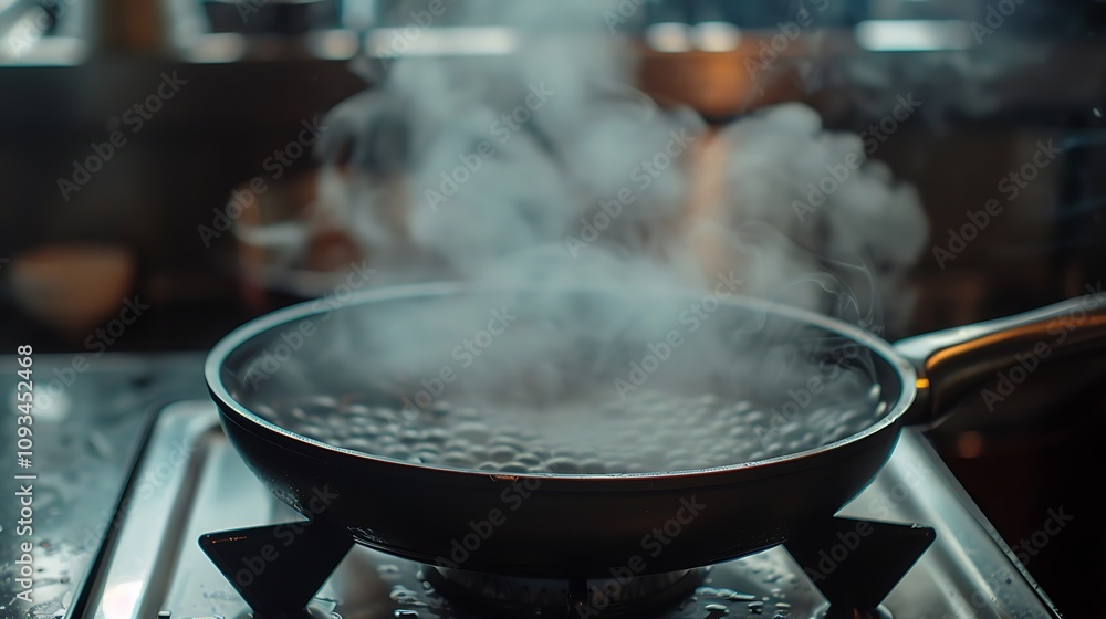 There is a vessel of mist rising from an electric frying pan There is a vessel of mist rising from an electric frying pan