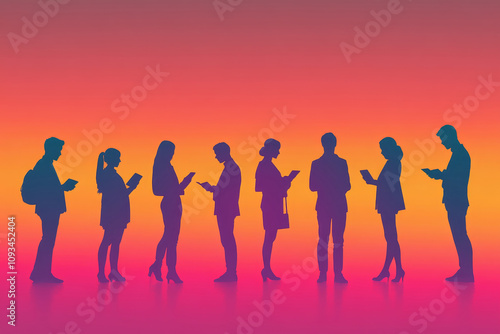 Silhouetted Business People Using Technology - Diverse professionals using tablets and smartphones against a vibrant sunset gradient.  Symbolizing connection, technology, innovation, teamwork, and fut photo