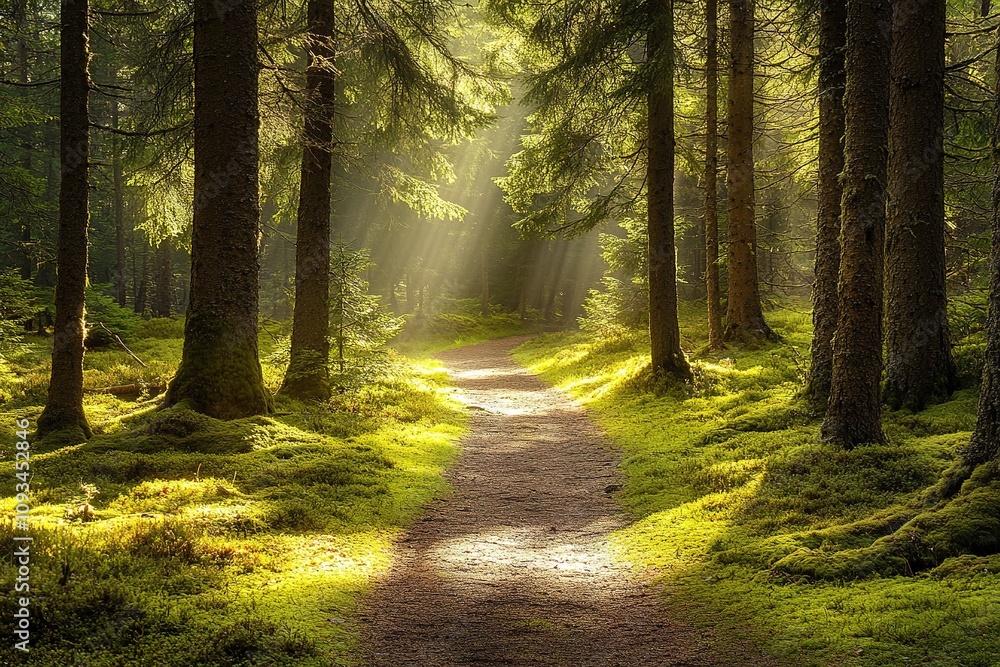 Fototapeta premium Sunlight filters through forest trees on a serene path