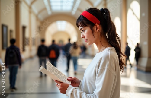 Young woman reads document indoors. Museum interior with people walking in background. Casual clothing style. Focus on reader. Learning atmosphere. Potential for educational, tourism, art related photo