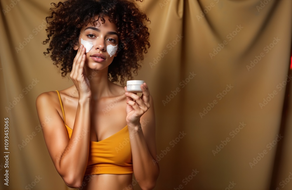 Young woman applies facial cream. Attractive model in studio setting. Natural skin care product promotion. Woman applying cream to face. Khaki background. Empty space for advertising copy. Beauty, Young woman applies facial cream. Attractive model in studio setting. Natural skin care product promotion. Woman applying cream to face. Khaki background. Empty space for advertising copy. Beauty,