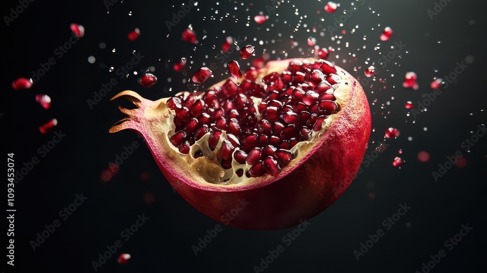 Crimson Split Pomegranate: Exposed Juicy Seeds and Droplets Against Black Background – Ultra Sharp, High-Resolution Food Photography in Dramatic Lighting. Crimson Split Pomegranate: Exposed Juicy Seeds and Droplets Against Black Background – Ultra Sharp, High-Resolution Food Photography in Dramatic Lighting.