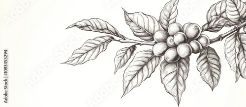 Coffee Plant Branch Illustration: A Detailed Drawing of Coffee Beans and Leaves