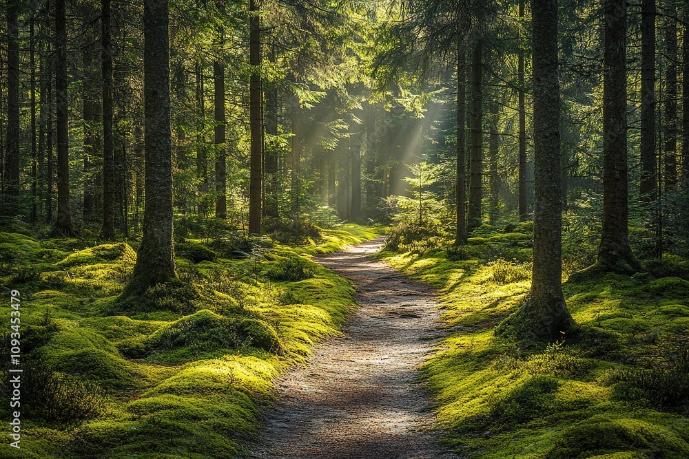 Fototapeta premium Sunlight filters through forest trees on mossy path