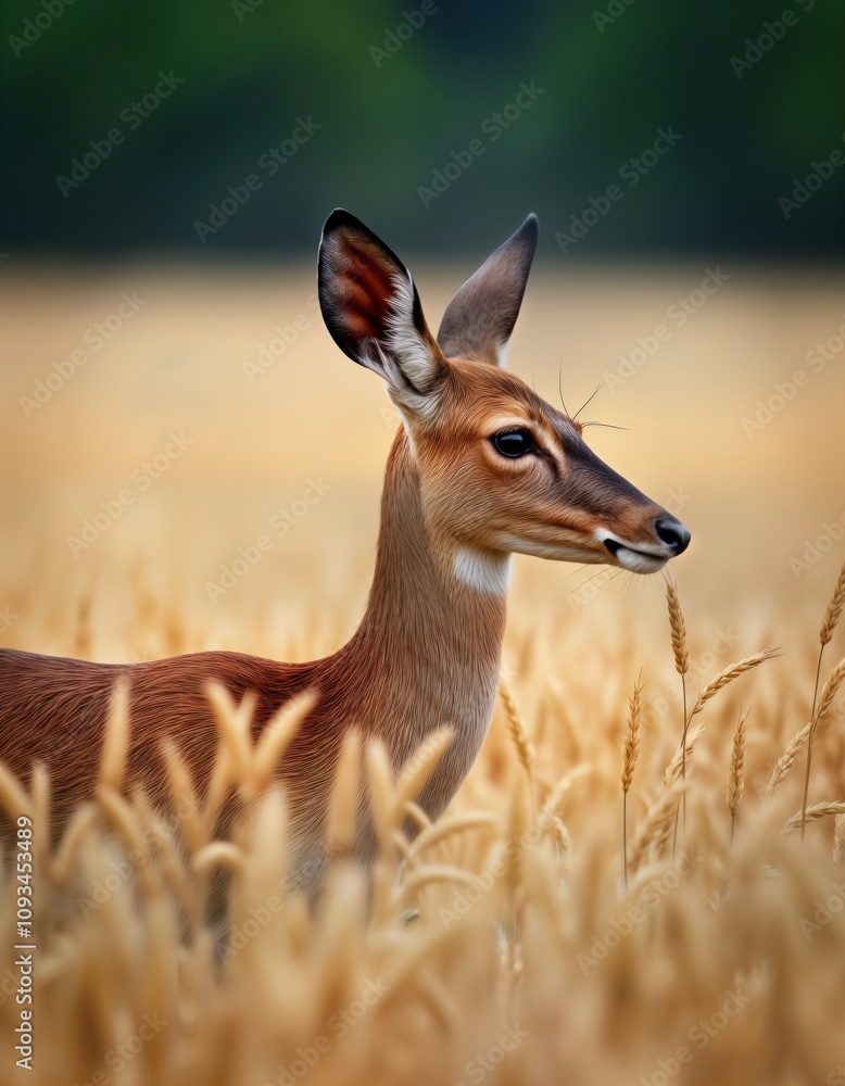 Doe in golden wheat field. Animal hides among tall grasses. Wild nature scene. Autumnal landscape. Close-up photo of cervid. Protected animal in European meadow. Wildlife photo. Animal protection Doe in golden wheat field. Animal hides among tall grasses. Wild nature scene. Autumnal landscape. Close-up photo of cervid. Protected animal in European meadow. Wildlife photo. Animal protection