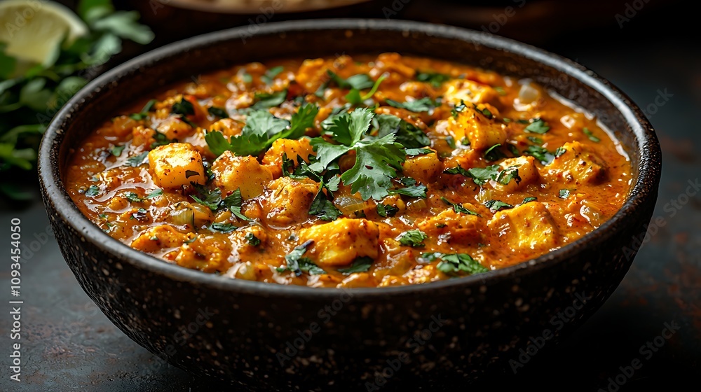 A flavorful bowl of curry with chunks of paneer, garnished with fresh herbs, served in a rustic dish, perfect for a hearty meal. A flavorful bowl of curry with chunks of paneer, garnished with fresh herbs, served in a rustic dish, perfect for a hearty meal.