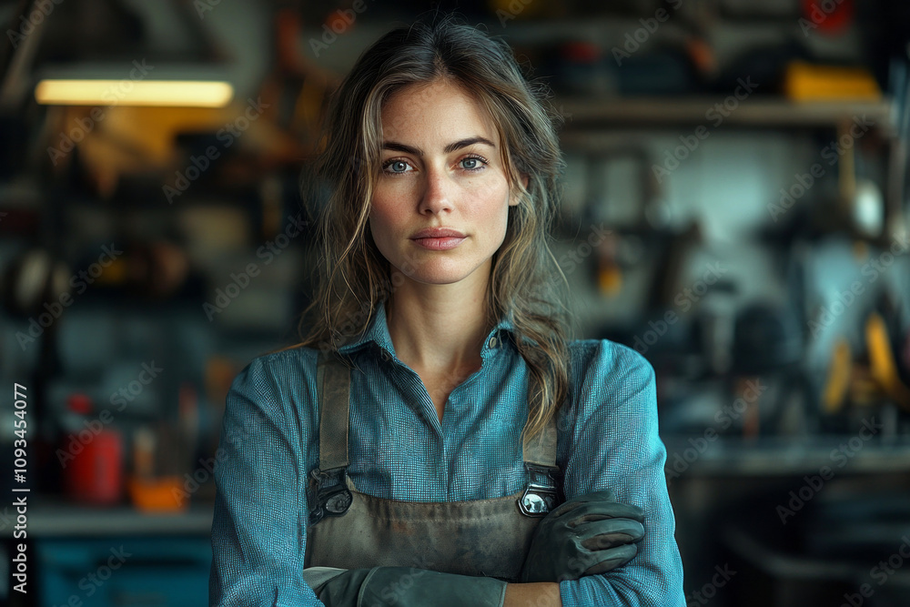 A realistic portrait of a female car mechanic, focused and confident, wearing a work shirt and gloves while surrounded by tools and a car in the garage. Her skill and determination shine through A realistic portrait of a female car mechanic, focused and confident, wearing a work shirt and gloves while surrounded by tools and a car in the garage. Her skill and determination shine through