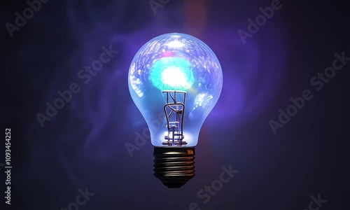 Glowing and twinkling colorfuo light bulb on black background  photo