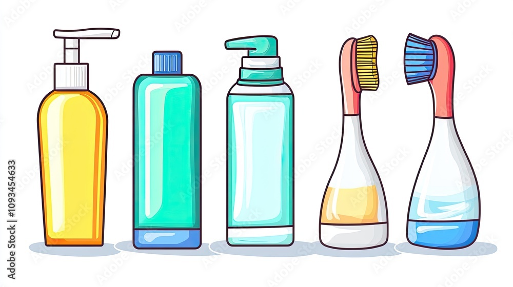 A set of oral care products, including toothpaste, toothbrush, and mouthwash, arranged neatly on white. A set of oral care products, including toothpaste, toothbrush, and mouthwash, arranged neatly on white.