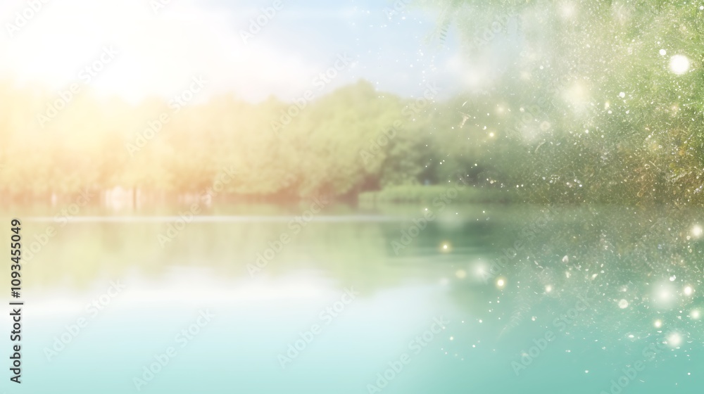 Fototapeta premium Serene Lakeside Scene With Sunlit Trees and Sparkling Water