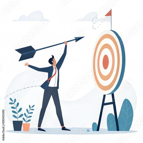 Banner with one man, office clerk holding big arrow and hitting the target on white background. Contemporary artwork. Concept of success, career growth, hard working, strategy, startup, marketing plan photo