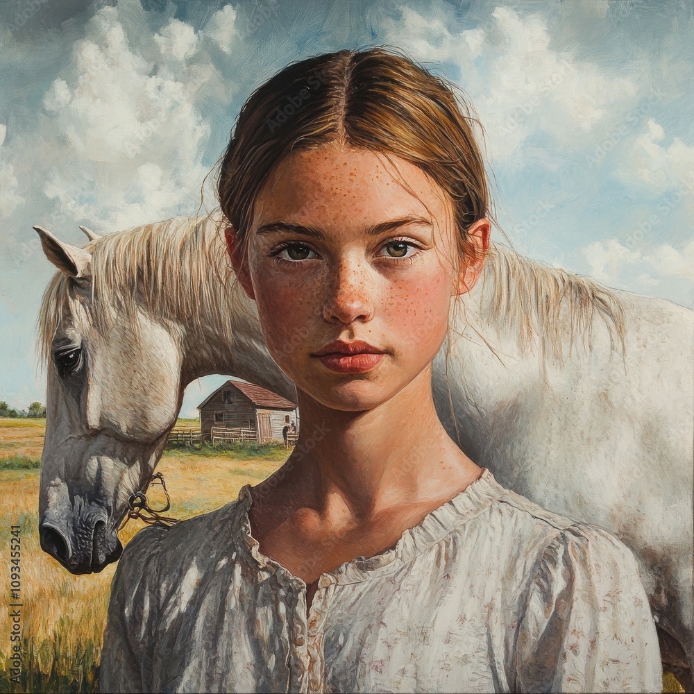 Fototapeta premium Portrait of a girl with a horse on a farm