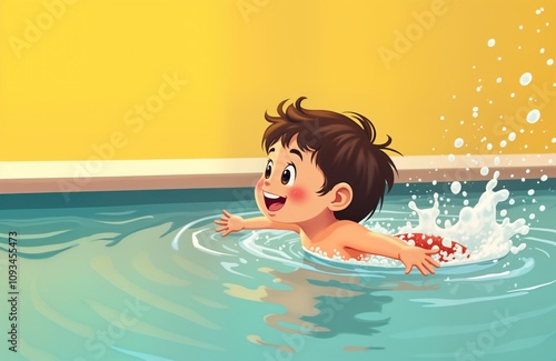 Happy child swims happily in pool. Child enjoys water activity. Illustration shows summer joy, leisure. Child wears swim clothes, floats playfully on surface. Child cheerful expression, looks up. photo