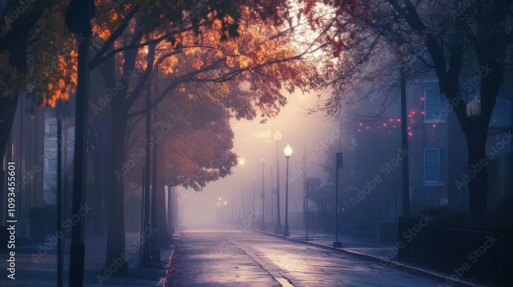Quiet city street blanketed in morning fog, with streetlights casting a warm glow through the haze. Quiet city street blanketed in morning fog, with streetlights casting a warm glow through the haze.