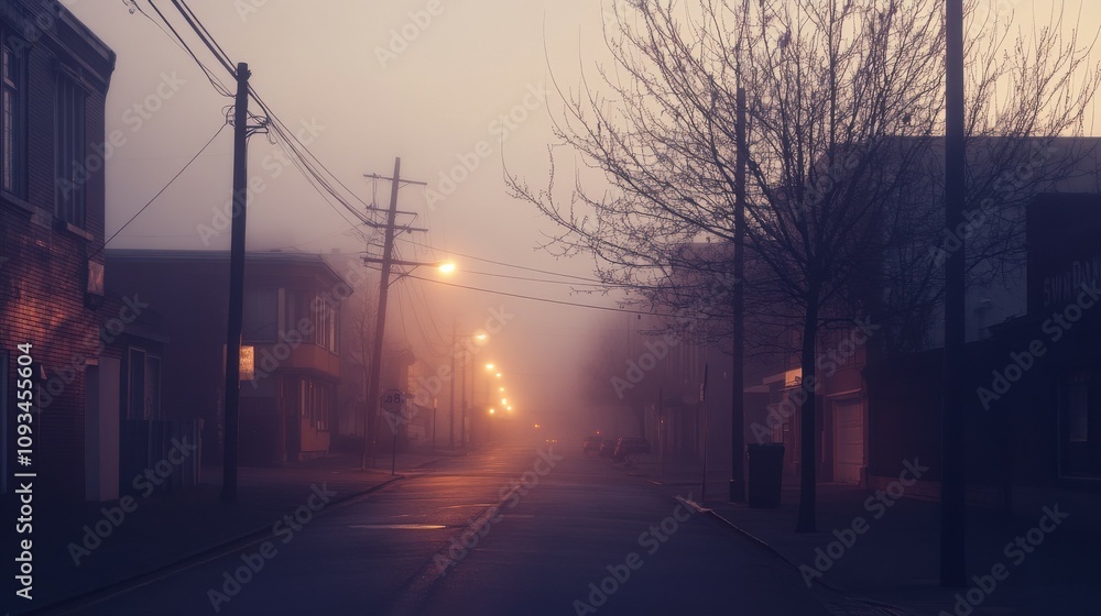 Fototapeta premium Quiet city street blanketed in morning fog, with streetlights casting a warm glow through the haze.