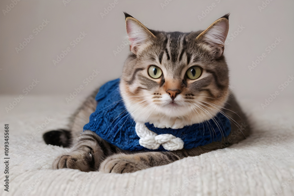 Cute tabby cat wearing blue knitted sweater relaxing on soft blanket Cute tabby cat wearing blue knitted sweater relaxing on soft blanket