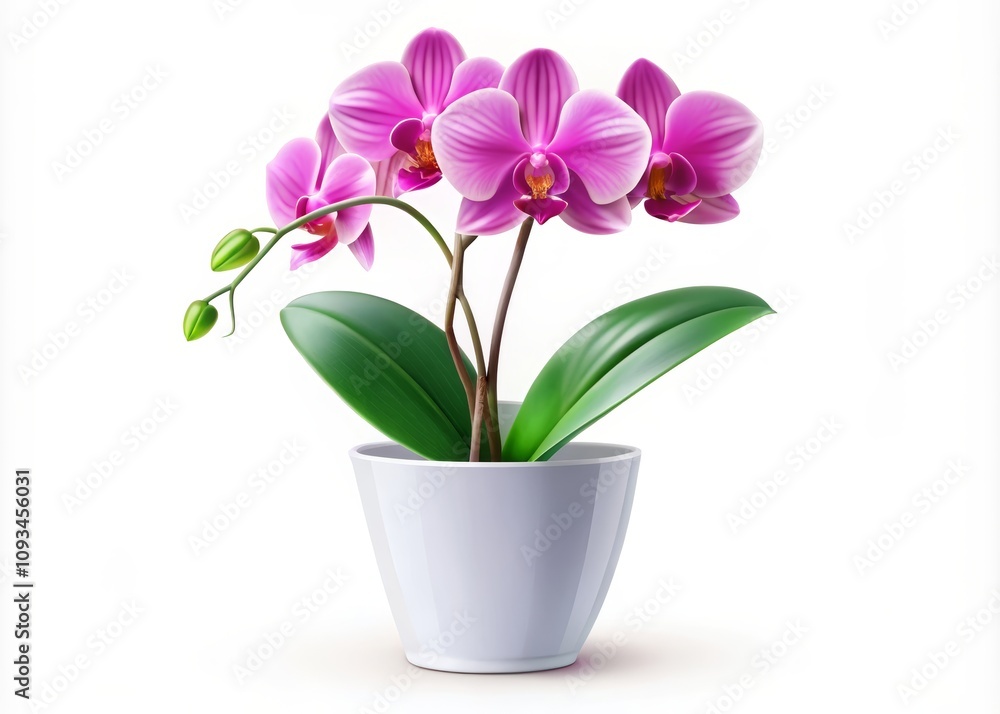 Vibrant and Realistic Illustration of a Pink Orchid Flower in a White Pot with Lush Green Leaves, Perfect for Botanical Designs or Nature-Themed Projects Vibrant and Realistic Illustration of a Pink Orchid Flower in a White Pot with Lush Green Leaves, Perfect for Botanical Designs or Nature-Themed Projects