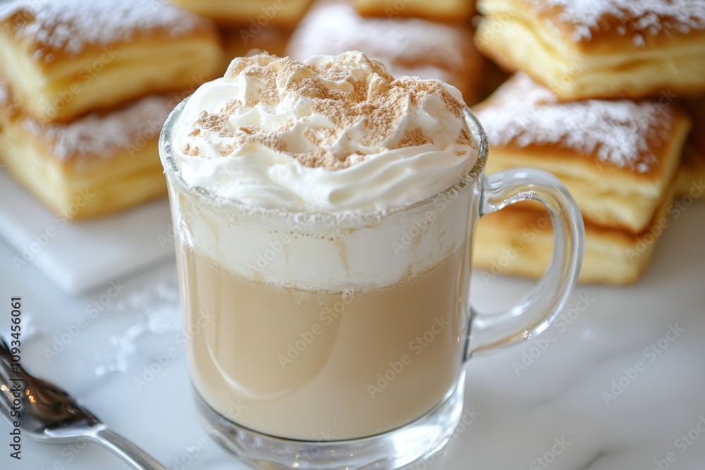 Vanilla Latte with Fresh Pastries - Indulge in a creamy vanilla latte topped with whipped cream and a sprinkle of cinnamon, perfectly paired with flaky, sweet pastries. Warm, comforting, delicious tr Vanilla Latte with Fresh Pastries - Indulge in a creamy vanilla latte topped with whipped cream and a sprinkle of cinnamon, perfectly paired with flaky, sweet pastries. Warm, comforting, delicious tr