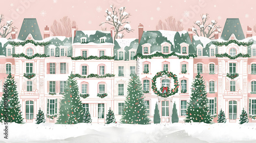 vintage paris christmas scene, illustration of white and pink parisian buildings adorned with christmas wreaths, set against a pink background with green accents vintage decorations