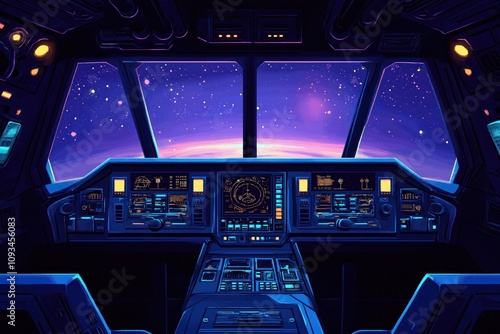Fototapeta Naklejka Na Ścianę i Meble -  Pixel art spaceship cockpit. Night view through window shows starry sky. Glowing control panels. Retro tech vibe. Pilot ready for space adventure. Perfect for space enthusiasts or video game fans.