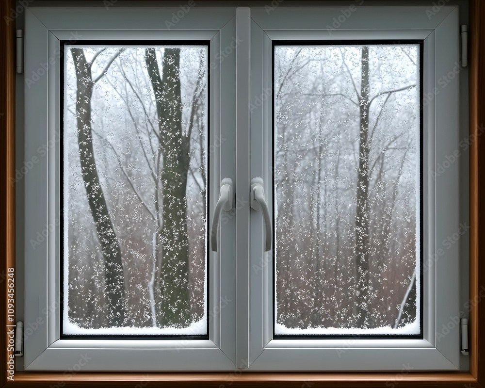 Obraz premium A window with a view of trees covered in snow