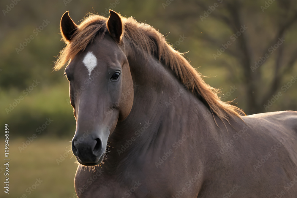 Fototapeta premium Brown horse posing in a field at sunset