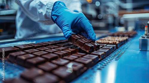 A person in gloves handles chocolate bars on a production line, showcasing the process of chocolate manufacturing in a factory setting.