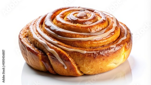 Deliciously Soft Cinnamon Bun Isolated on White Background, Perfectly Glazed, Ideal Dessert Delight for Culinary Photography and Food Styling