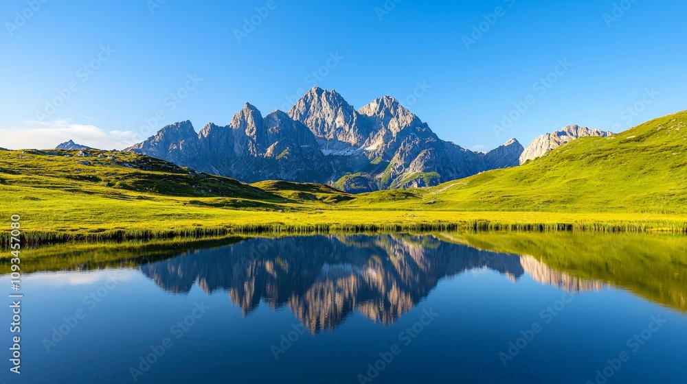 Obraz premium Alpine majesty peaks reflected in tranquil lake
