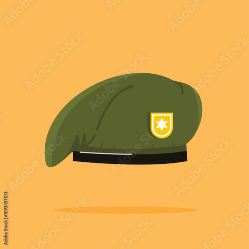 military army beret icon with gold pin, flat style green hat, suitable for posters and web icons
