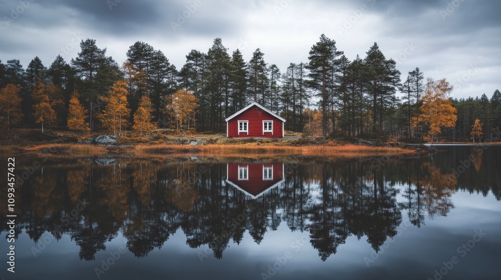 Fototapeta premium Red Cabin Reflecting In Calm Autumn Lake
