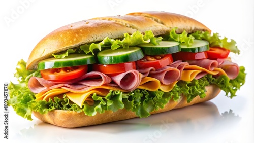 Freshly Made Sub Sandwich with Ham, Crisp Vegetables, and Colorful Toppings Assembled on a Soft Bread Roll for a Delicious Snack Option