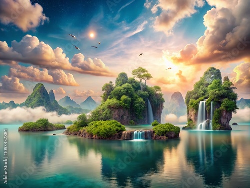 Serene Dreamscape: A Surreal Relaxation Scene Blending Pastel Clouds, Floating Islands, and Tranquil Waters for Ultimate Peace and Calmness in Nature's Embrace