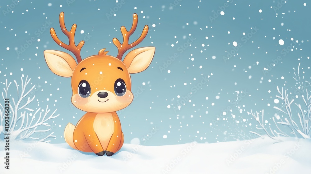 A cute cartoon deer with antlers sits on snow while snowflakes fall, set against a whimsical winter background. A cute cartoon deer with antlers sits on snow while snowflakes fall, set against a whimsical winter background.