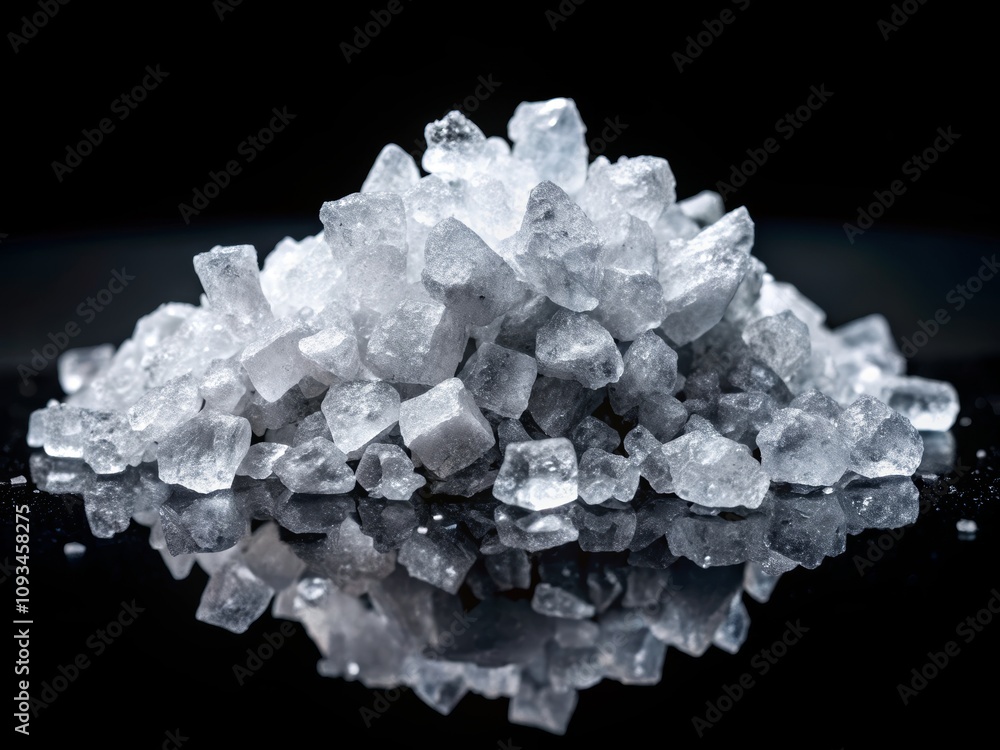 Close-Up of Sea Salt Crystals on a Black Background Showcasing Texture and Reflection for Culinary and Natural Resource Photography Close-Up of Sea Salt Crystals on a Black Background Showcasing Texture and Reflection for Culinary and Natural Resource Photography