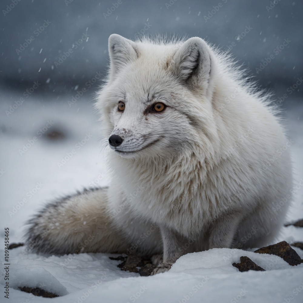 A snowy Arctic fox in a crouching position. A snowy Arctic fox in a crouching position.