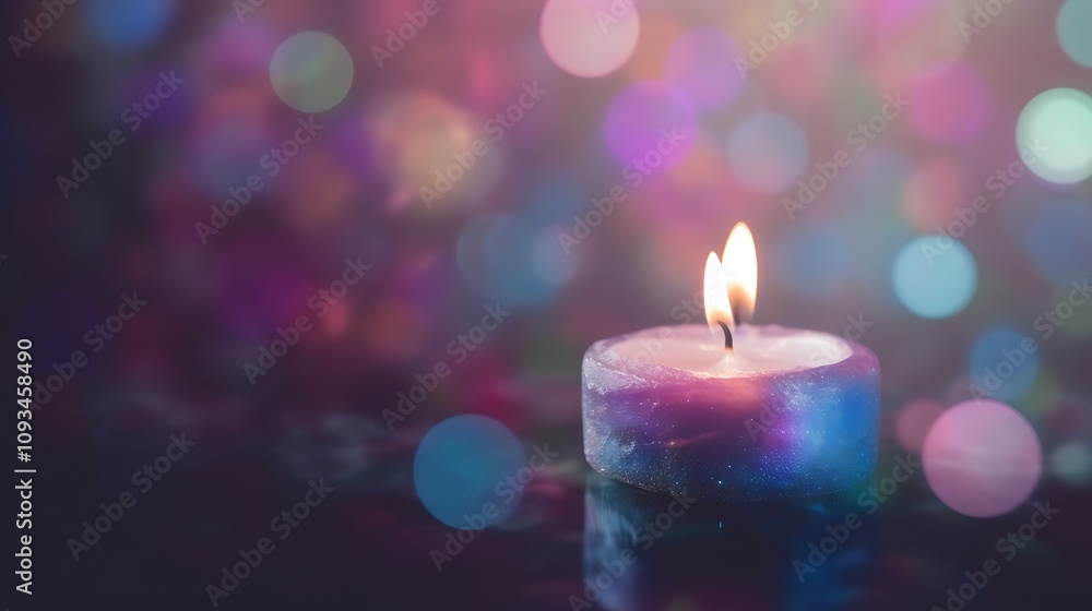 A single candle burns brightly against a colorful bokeh background A single candle burns brightly against a colorful bokeh background