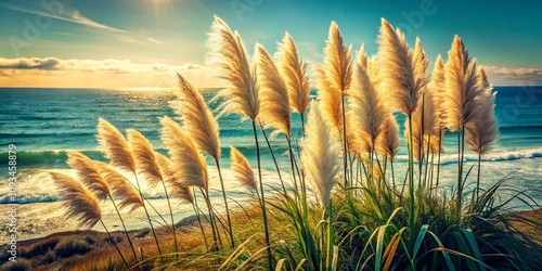 Scenic View of Pampas Grass by the Ocean at Saint Jean de Luz, France, Capturing the Golden Glow of Sunset and the Beauty of Coastal Nature