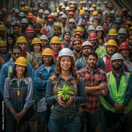 a crowed of industrial workers, men and women, multicultura