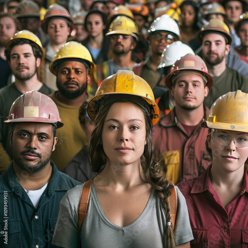 a crowed of industrial workers, men and women, multicultural photo