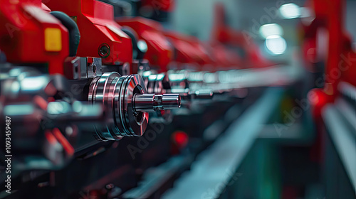 A close-up view of industrial machinery featuring red components and intricate mechanical parts, showcasing precision engineering and technology.