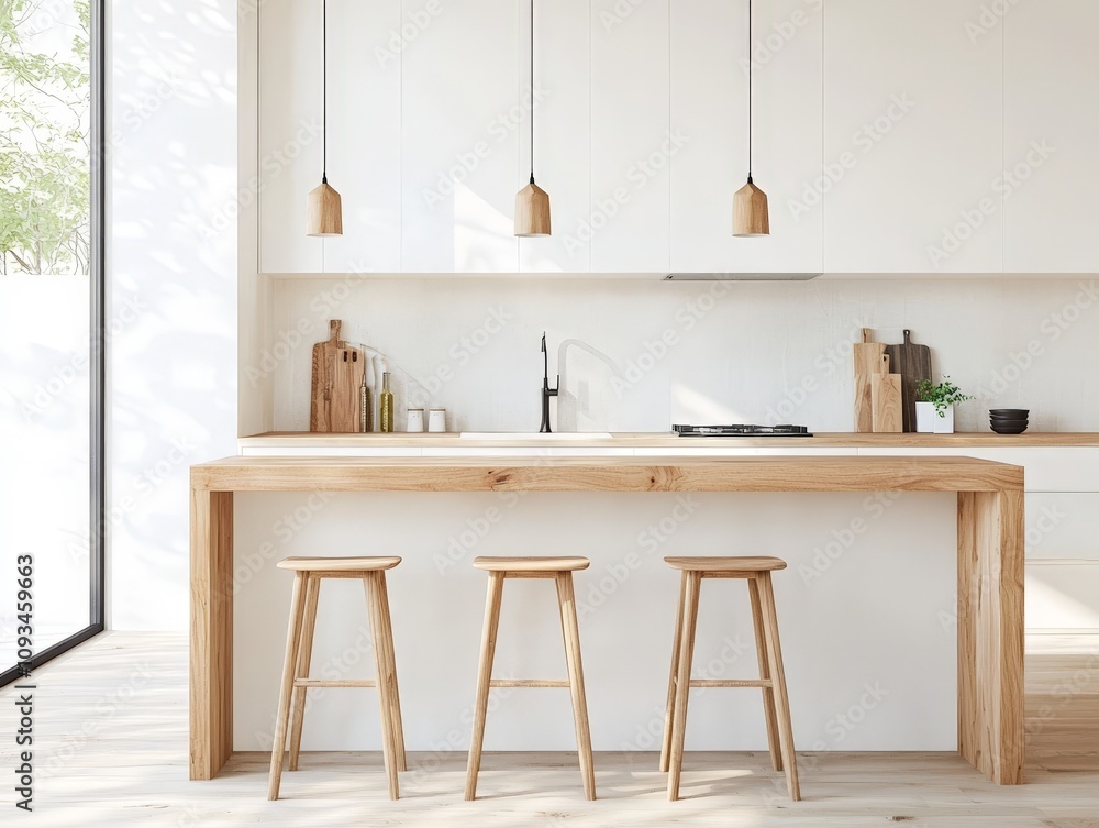 Fototapeta premium Minimalist kitchen with wooden island and stools