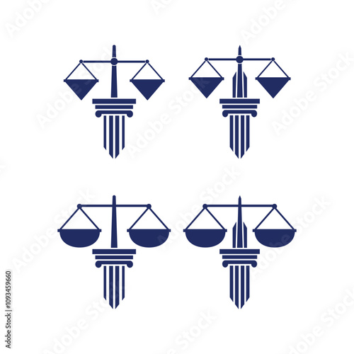 Law office logo set with scales of justice, illustrations. Vector vintage attorney, advocate labels, juridical firm badge. Attorney Law Scales Justice Lawyer Firm Pillar