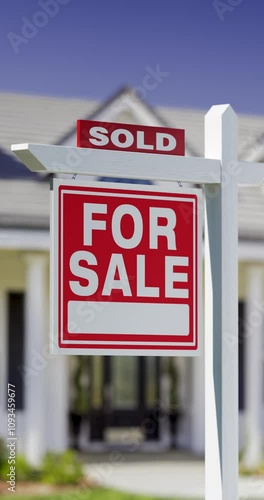 4k Slow Upward Crane of Sold For Sale Real Estate Sign in Front of New House.